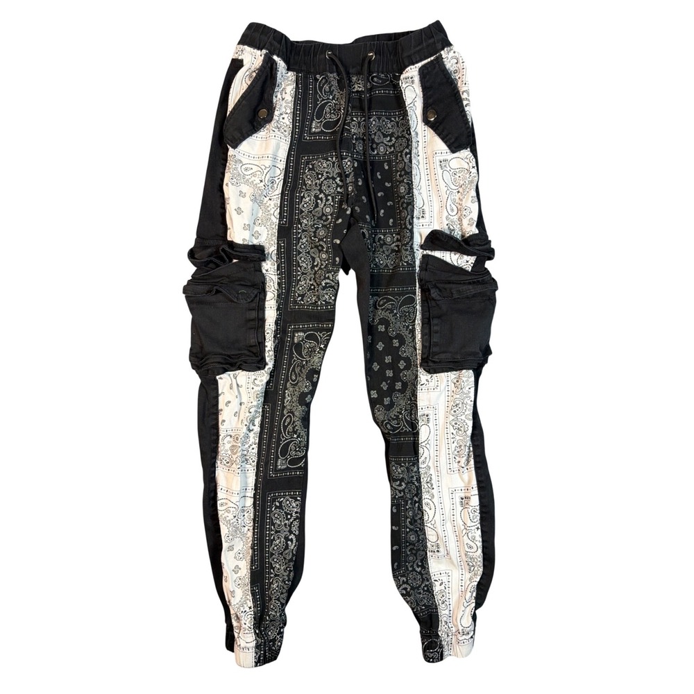 American Bazi Mens Black White Bandana Print Cargo Joggers RJJ-20342 Small